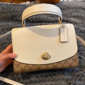 Coach Tilly Top Handle Crossbody bag in ivory and signature canvas.